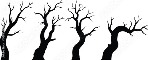 Spooky twisted bare tree silhouettes isolated on white background Halloween horror forest black vector illustration collection
