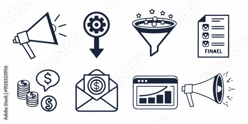 Illustrations of various business and marketing concepts and tools Vector