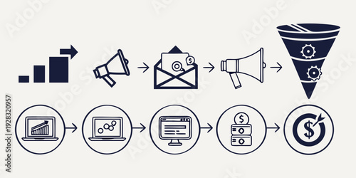 Illustrations of various business and marketing icons in a sequence Vector