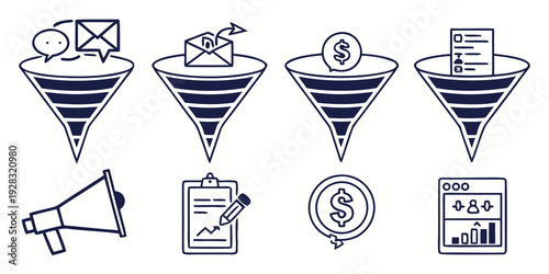 Illustration of various icons representing different aspects of marketing and communication Vector