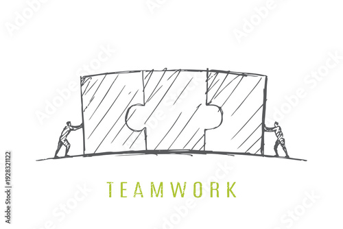 Teamwork Sketch - people pushing puzzle pieces together