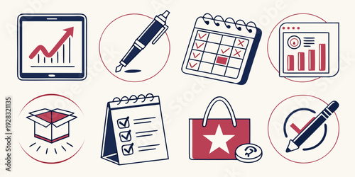 A collection of icons representing various office and productivity tools. Vector