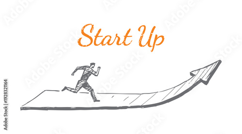 Startup Sketch - man running up rising arrow