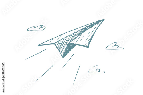 Paper Plane Sketch - flying origami airplane in sky