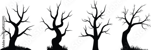 Spooky twisted bare tree silhouettes with grass isolated on white background Halloween horror forest vector illustration design elements set