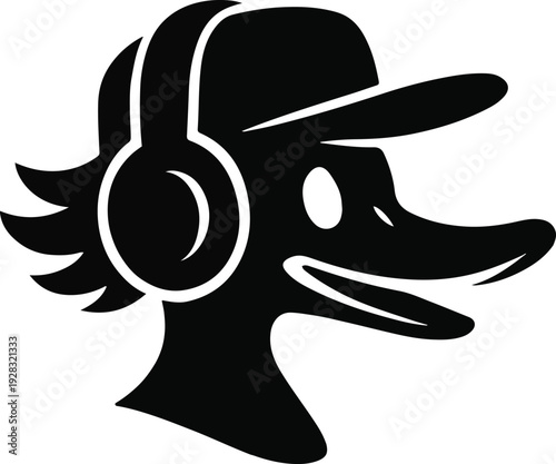 Cartoon Duck Character with Headphones and Baseball Cap Silhouette Icon