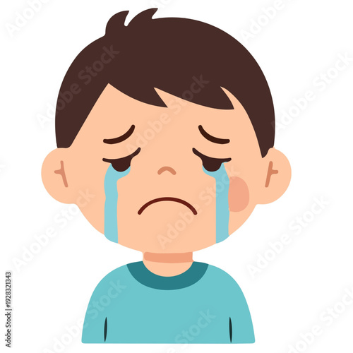 Sad little boy crying with tears streaming down his face