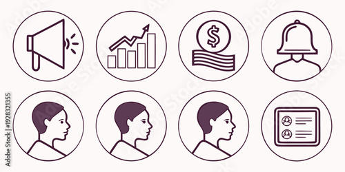 Icons representing various aspects of communication and information management Vector