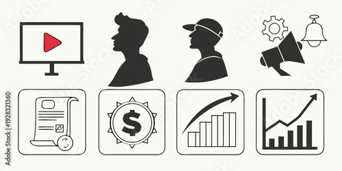 Icons representing various aspects of business and finance. Vector