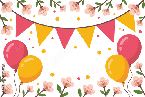 A colorful illustration of balloons and flowers for a festive celebration