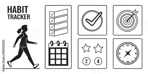 Habit tracker icons illustrating various activities and tracking methods Vector