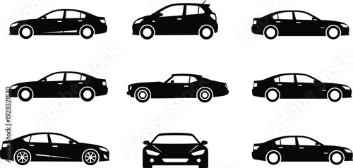 Set of car silhouette collection, side and front view of sedan, hatchback and muscle cars, cad drawing flat vector illustration, isolated on white.
