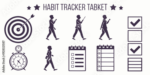 Illustrations of fitness, travel, and productivity icons Vector