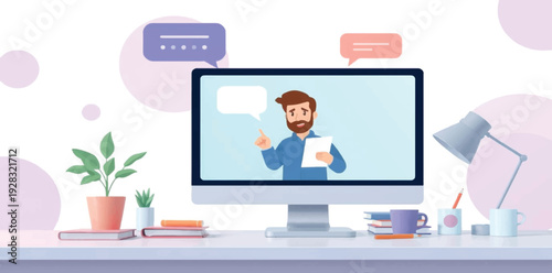 Online Education and E-learning Concept Illustration with Teacher on Computer Screen for Remote Study and Web Courses