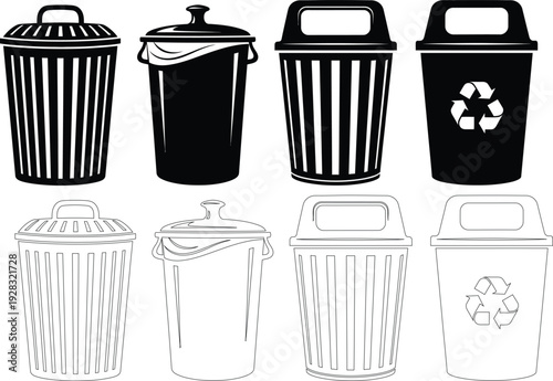 Variety of trash cans and recycling bins illustration
