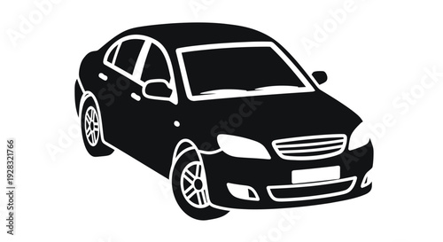 Black silhouette of a modern sedan car viewed from a three quarter angle