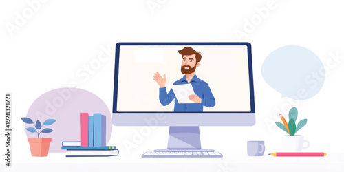Online Education and E-learning Concept Illustration with Teacher on Computer Screen for Remote Study and Web Courses