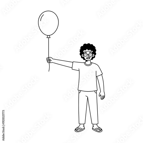 Hand drawn doodle illustration of a smiling young man with curly hair holding a balloon