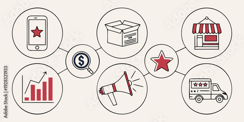 Illustration of various icons representing different aspects of social media and analytics. Vector