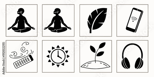 Icons representing wellness, nature, and technology in a modern lifestyle. Vector