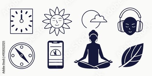 Illustrations of various activities and icons representing mindfulness and relaxation techniques Vector