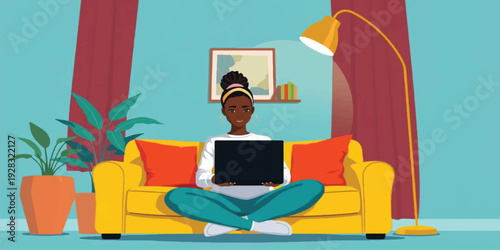 African American Woman Working on Laptop on Yellow Sofa, Cozy Home Office Remote Work Concept Flat Vector Illustration