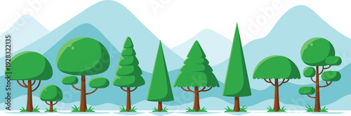 Minimalist cartoon tree landscape with blue mountain background vector