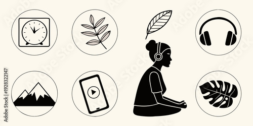 A person meditating surrounded by icons of nature and technology. Vector