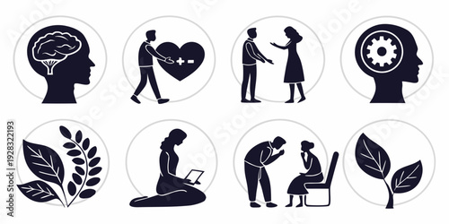 Icons representing various aspects of mental health and well-being. Vector