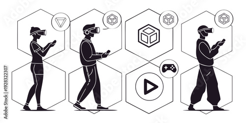 People using virtual reality headsets in various activities and environments. Vector