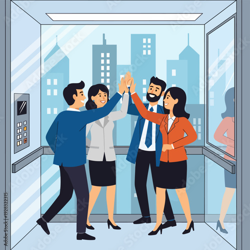 Business Colleagues Celebrating Success in Elevator.
