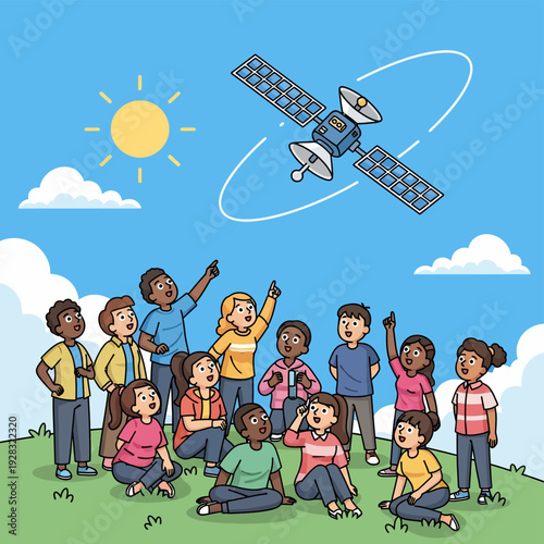 Children Watching Satellite in Orbit.