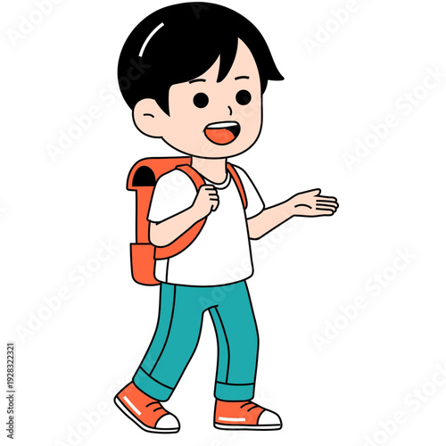 Happy young boy going to school with backpack
