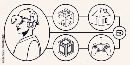 Woman using virtual reality headset to explore various activities and objects Vector