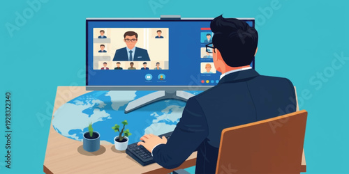 Professional Businessman Engaging in Global Virtual Meeting and Remote Collaboration via Video Conference on Desktop Screen
