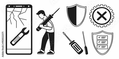 A person holding a phone with a broken screen and a shield with a cross symbol. Vector