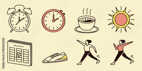 A variety of icons representing different activities and concepts related to time management Vector