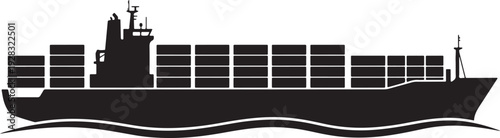 Cargo Ship Side View Black Vector Silhouette