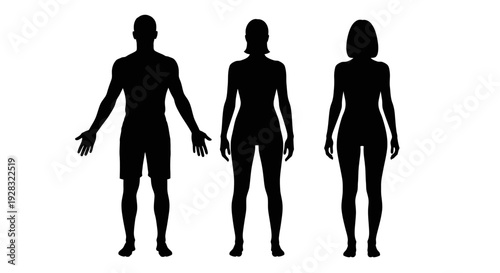 Silhouettes of a man and two women standing in a row.