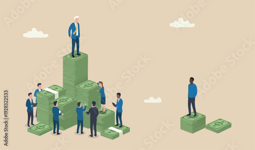 Economic inequality, rich and unfair income, different money people concept, white rich businessman high in to meeting team salary dollar tower poor black man low dollar note stack