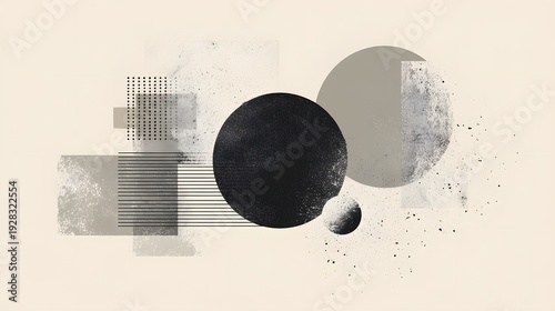 Large black circle with rough texture surrounded by smaller gray circles and geometric shapes with various textures and patterns.