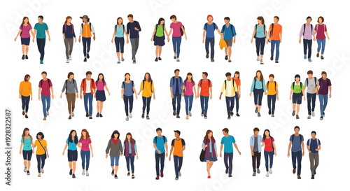 Diverse group of people walking in different directions and outfits.