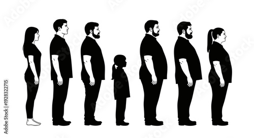 Silhouettes of people standing in a line with varying heights and body types.