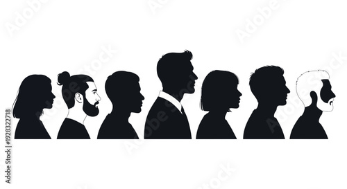 Diverse group of people silhouettes in a row.