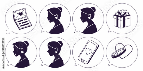 Illustrations of various objects and activities including a phone, a person, and a gift. Vector