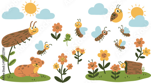 Funny cartoon animal seamless pattern featuring a set of baby jungle and farm characters like lions, dogs, and rabbits in a vibrant nature safari vector art illustration