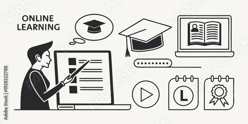 Student studying online with various educational resources and tools. Vector