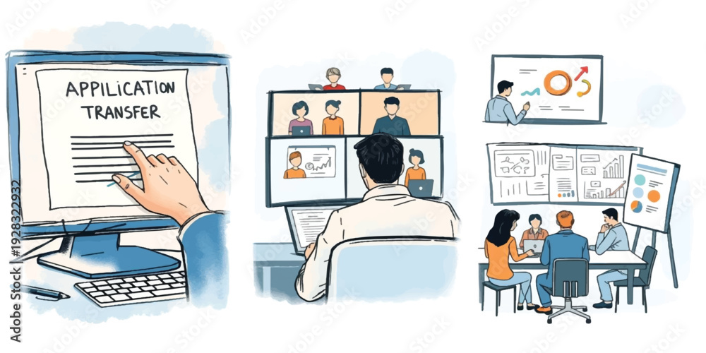 Fototapeta premium Modern Business Team Collaboration and Digital Application Transfer Process for Efficient Remote Workflow Management