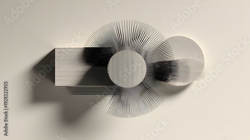 Three dimensional abstract geometric object with striped pattern and circular shapes, featuring a rectangular base, a central circle, and a larger circular form with radiating lines.