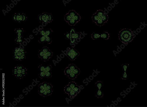 Vector illustration showcases a set of glowing particle-based atomic orbitals, featuring cloverleaf d-orbitals, four-leaf and multi-lobed shamrock-like shapes, dumbbell forms, rosettes.